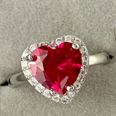 3.80Ct Heart Shape Natural Ruby & Diamond Engagement Ring 18K White Gold Plated