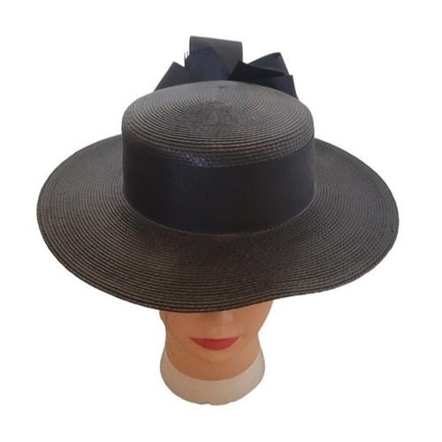 Vintage Black Straw Bow Accent Derby Hat