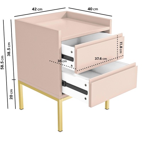 Bedside Table Pink with 2 Storage Drawers and Gold Metal Legs Modern Style - Picture 4 of 6