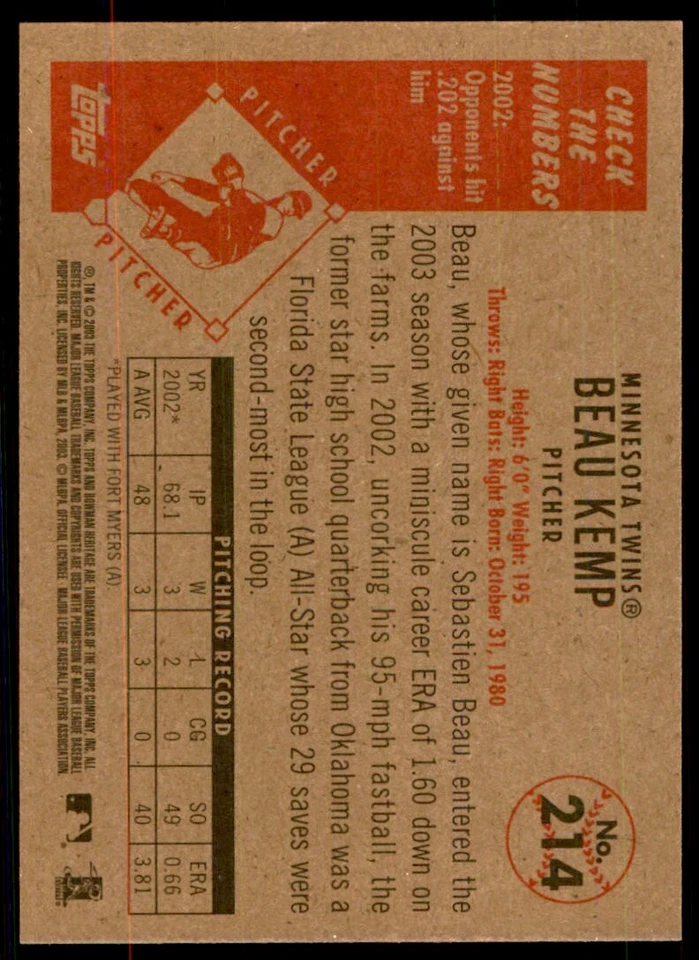 2003 BOWMAN HERITAGE. BEAU KEMP MINNESOTA TWINS #214 - Image 2 of 2