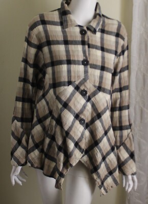 Mill Valley Sz L Lagenlook Beige Black PLAID CHECK Art-to-Wear Blouse Shirt Top