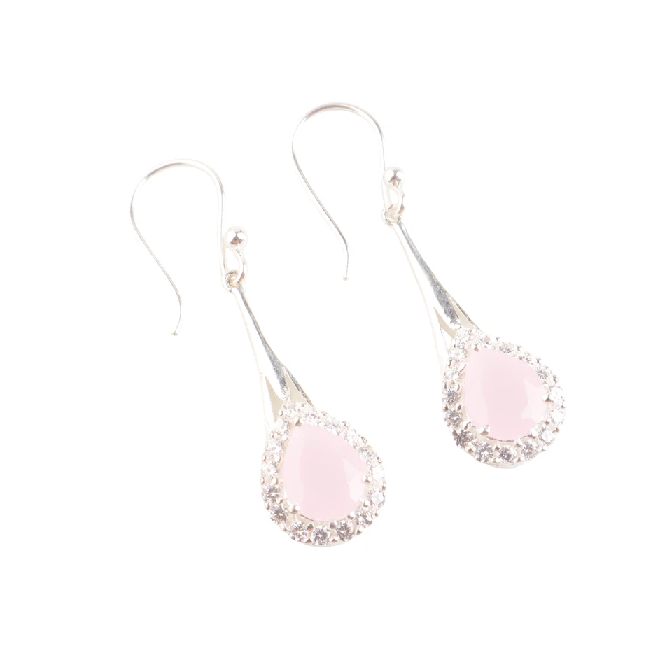 Rose Chalcedony Cubic Zirconia Gemstone Dangle Earrings 925 Sterling Silver - Image 3 of 4