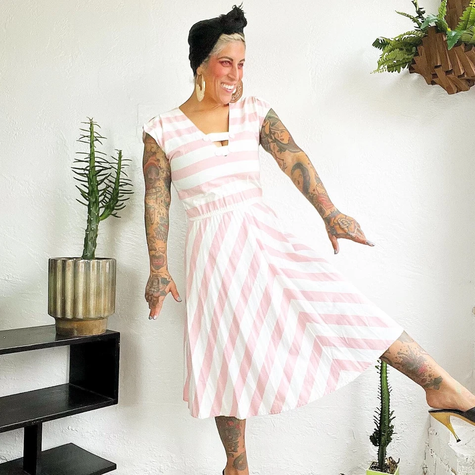 Vestido Solero Rosa y Blanco Años 80 Vintage Chevron Algodón Rayas Marinero S M Foto 4 de 4