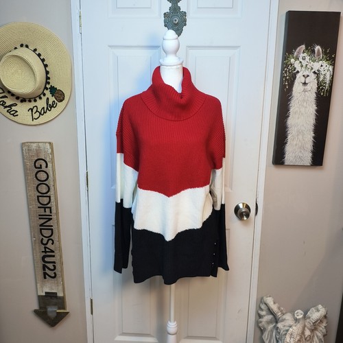 Karl Lagerfeld Colorblock Rollkragen Ripp Pullover Gr. M Tunika rot schwarz