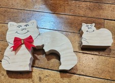 Wooden Cat w Kitten Puzzle Figurine With Red Bow