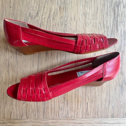 VTG 80's Liz Claiborne Red Leather Woven Peep Toe Wedge Heel Made in Italy 8.5S - Picture 5 of 10