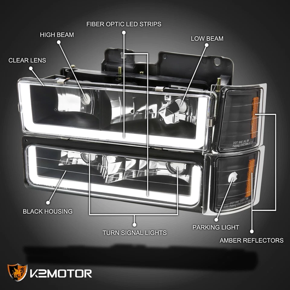Fits 1994-1998 Chevy C/K 1500 2500 LED Tube Black Headlights+Bumper Corner Lamps Foto 3 de 4