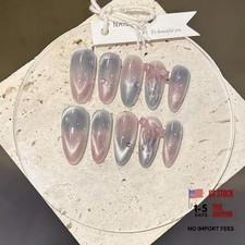 Pink Blue Cat Eye Press with 3D Bow Pearl, Long Almond QKS-BT-005-007