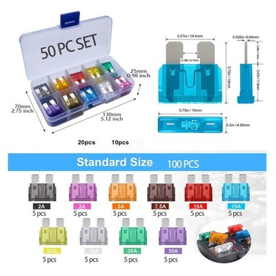 50x Car Blade Fuses Assorted 2A-35A Standard Auto Truck SUV RV Fuse Kit 50 Pack