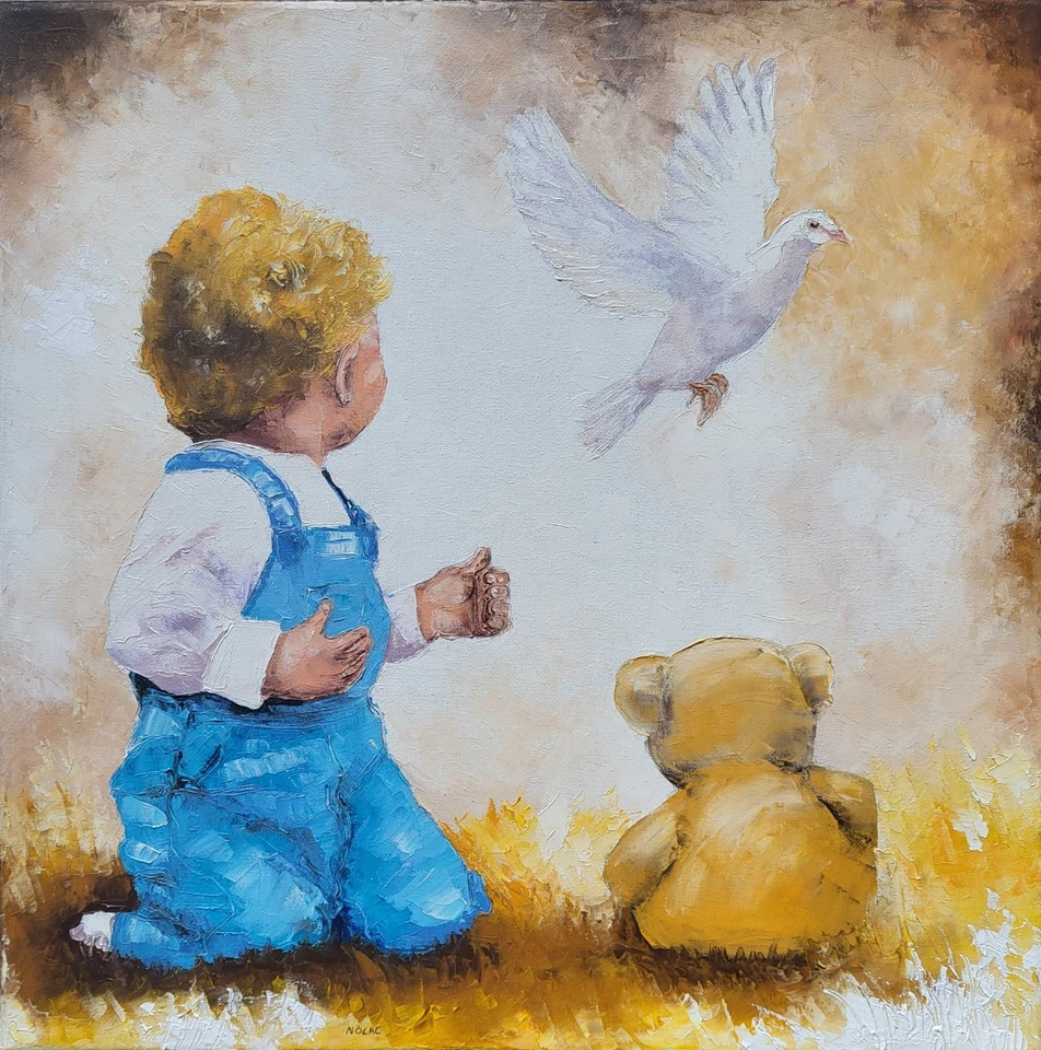 Toile originale de NOLAC 50X50 L ENFANT ET LA COLOMBE huile au couteau - Photo 2/4