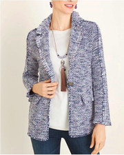 Chico  s Tweed Boucle Blazer Size 3 Fringe Trim Cotton Blend Textured Pockets XL