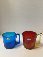 BLENKO CRACKLE GLASS TWO LARGE 4 1/2" TALL MUGS W/STICKERS BLUE & AMBERINA