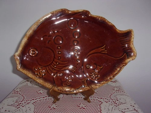 Hull brown drip mirror glaze bubble fish plate platter dish 11" vintage EUC HTF