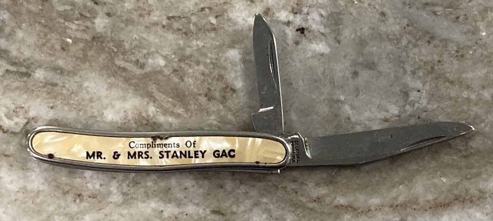 Colonial Pocket Knife 2 Blade Mr. & Mrs. Stanley GAC Shell Inlay 4390 - Image 3 of 4