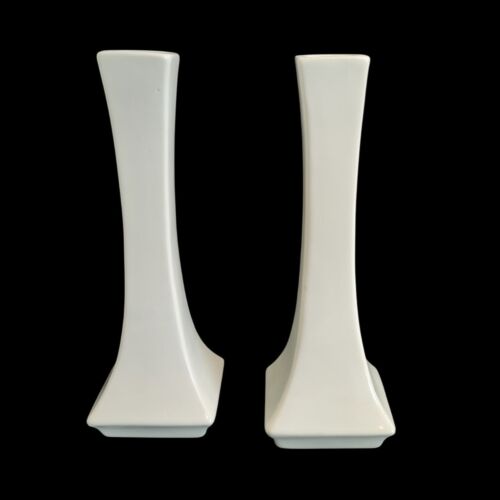 VTG Pair Haeger MCM Ivory Cream Ceramic Bud Vases Square Base Design 8.5"