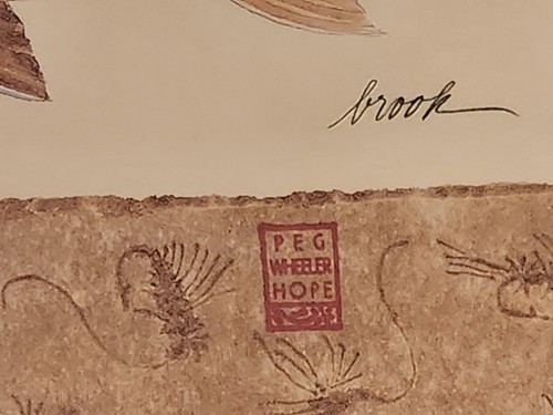 Peg Wheeler 1994 Hope Forelle Lithographie gerahmter Angeldruck rustikale Hüttendeko - Bild 3 von 5