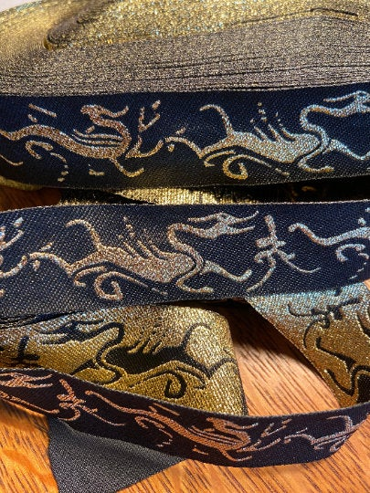 Black Metallic Gold Dragon Hydra fabric Trim, 1 inch wide, Sold by the Yard