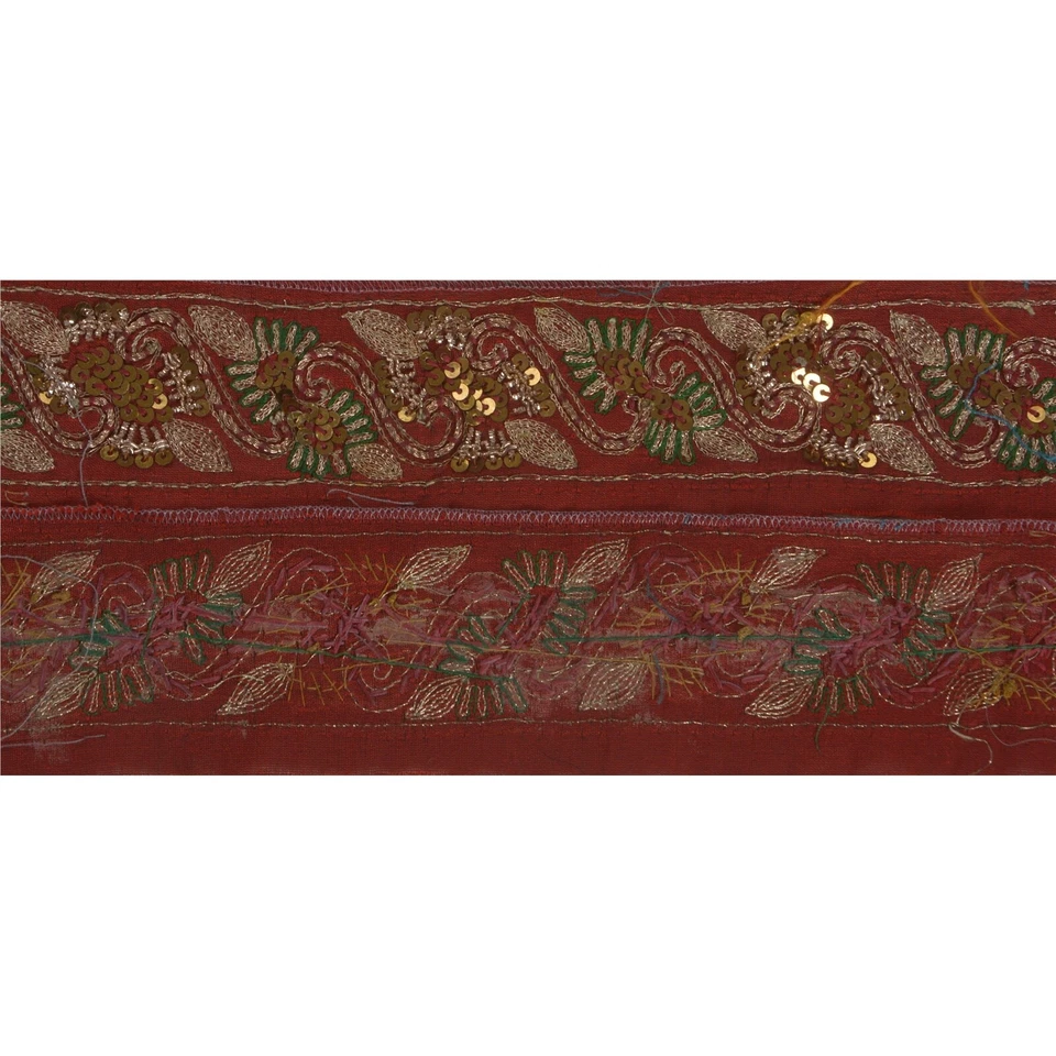 Sanskriti Vintage Sari Border 1 Yd Craft Dark Red Trim Hand Beaded Sewing Lace - Image 4 of 4