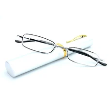 Reading Glasses Compact Ultra Slim Metal Frame Pocket Clip Tube Case Silver