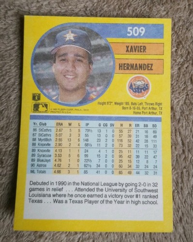 Tarjeta de béisbol Fleer 1991 #509 Xavier Hernández - Astros de Houston - Imagen 2 de 2