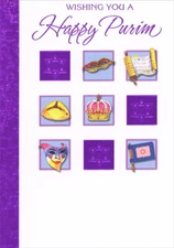 Designer Greetings Left Purple Foil Border and Nine Square Icons Purim Card
