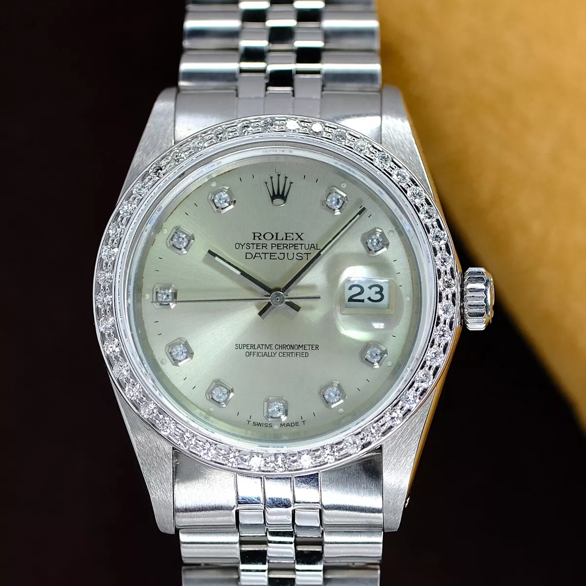ROLEX MENS DATEJUST STEEL SILVER DIAMOND DIAL DIAMOND BEZEL 36MM AUTOMATIC WATCH