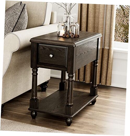Solid Wood Narrow End Table with Drawer, Sofa Side Storage Vintage Black