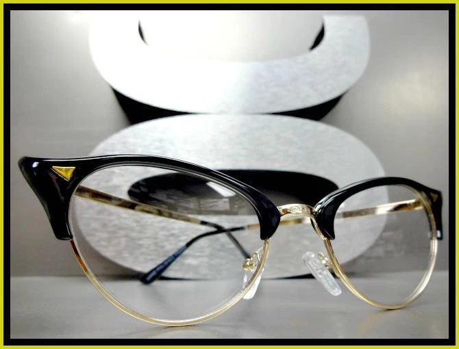 Elegante Retro Ojo de Gato Estilo Lente Transparente Gafas Único Puntiagudo Negro Dorado Marco Foto 2 de 4