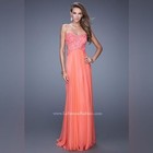La Femme Hot Coral Chiffon Strapless Embellished Formal Prom Evening Gown