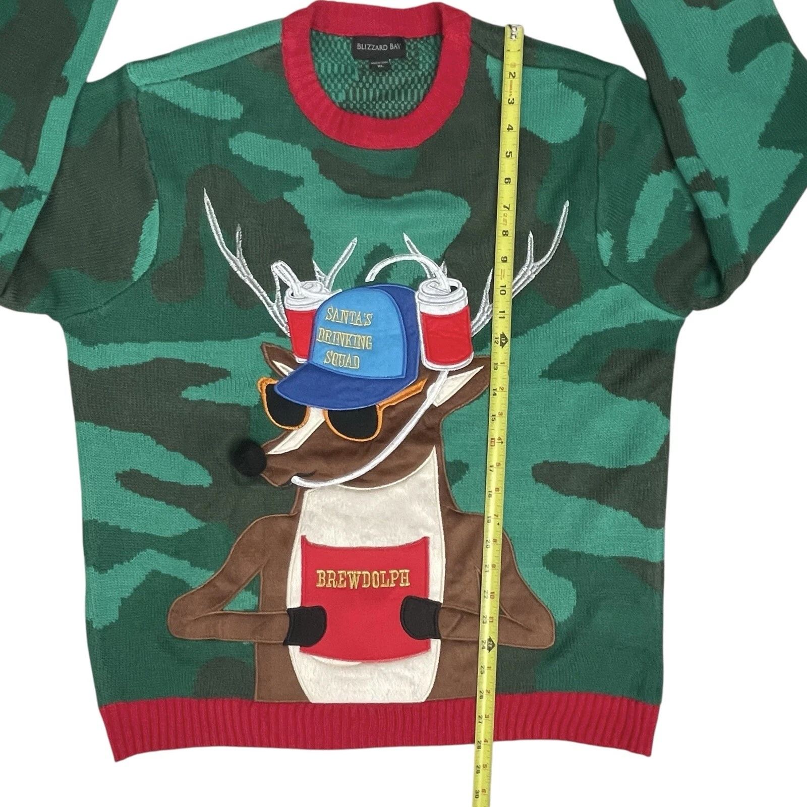 Blizzard Bay Sweater Mens XL Green Camo Brewdolph Beer Ugly Christmas Drinking