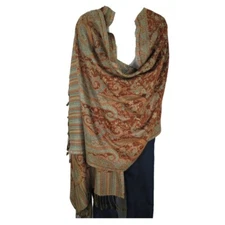 Shawl | Wool + Modal | Paisley Design | Handloomed | Tassels | Copper & Sand