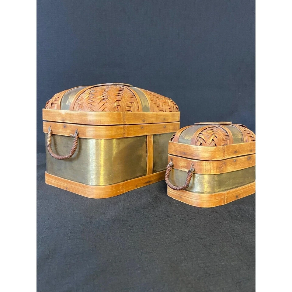 Vintage Asian Brass Bamboo Wicker Trinket Boxes Set Decorative Lidded Baskets - Image 2 of 4
