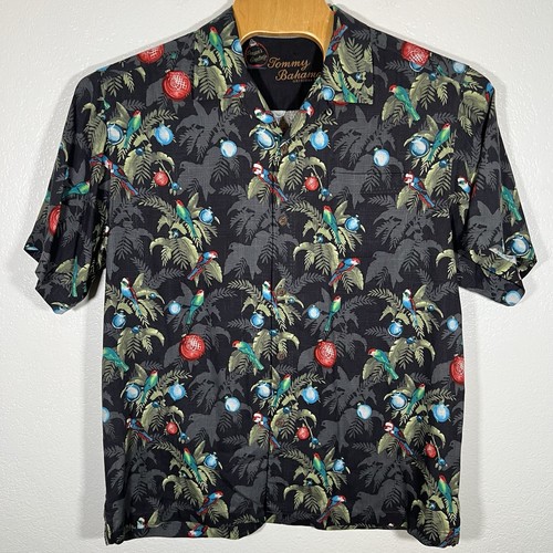 Tommy Bahama Silk Shirt Mens Large Black Floral Parrot Holiday Seasons Greetings - Picture 2 of 7