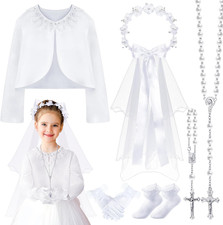 6Pcs Girls First Communion Veil Shawl Gloves Socks Necklace Bracelet Set