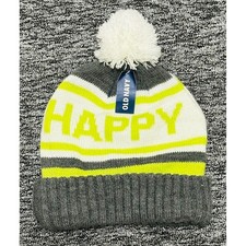 Old Navy Adult OS Grey White Neon Yellow Happy Pom-Pom Striped Knit Beanie NWT