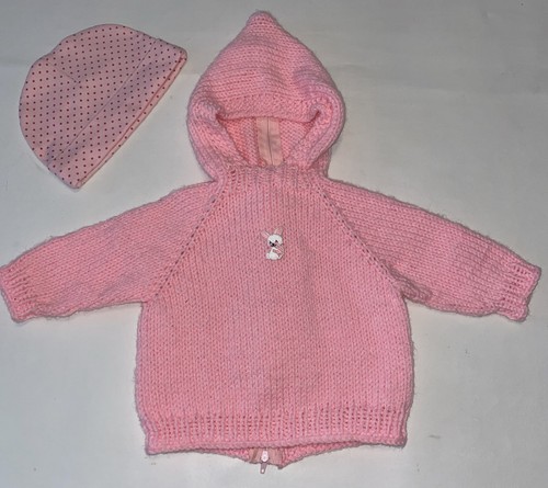 Girls Baby Sweater Hand Knit w/ Hood & Back Zipper Pink Bunny Easter w/Beanie - Picture 1 of 7