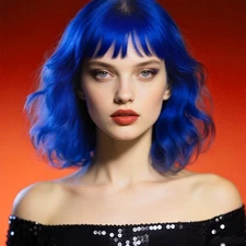 Blue Wavy Wig With Bangs, for Women，Synthetic Natural Looking 