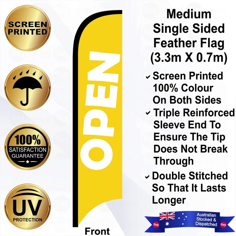 F - OPEN Yellow 4m Feather Flag / Banner Kit with Pole Set, Steel Outdoor Cross Base and a Free Carry Bag - 1