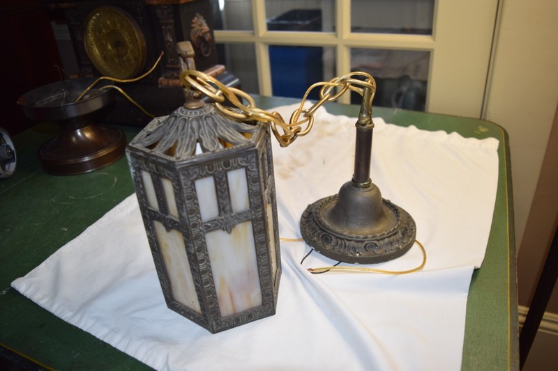 Antique Cast Iron And Stained Glass Pendant Ceiling Fixture