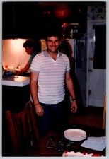 Vtg Color Snapshot Smiling Young Man In Striped Polo Shirt Kitchen Cake 1990s