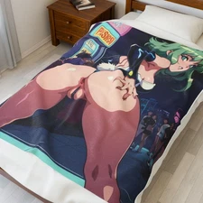 Plush Blanket - Retro Anime Green Hair Bunny Girl Cyberpunk City, Cozy Throw,