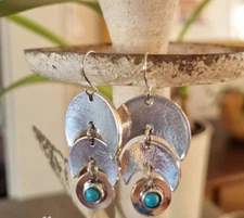 Silver Boho Earrings Layered Crescent Moon Disc Turquoise Stone Southwestern NEW