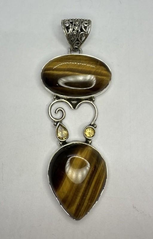 Unique VNT NOS Sterling Silver Handcrafted Tiger’s Eye Citrine Pendant Heavy 28g