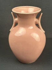 8" Artmark Japan Art Deco Pink Salmon Vase-Ceramic Faux Handle-80s Home Decor