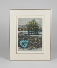 FUMIO FUJITA Japanese Signed Limited Ed COLORFUL FOREST Trees Woodblock Print