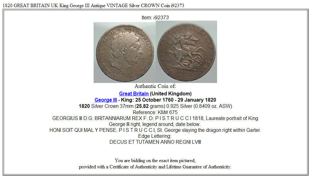 1820 GREAT BRITAIN UK King George III Antique VINTAGE Silver CROWN 