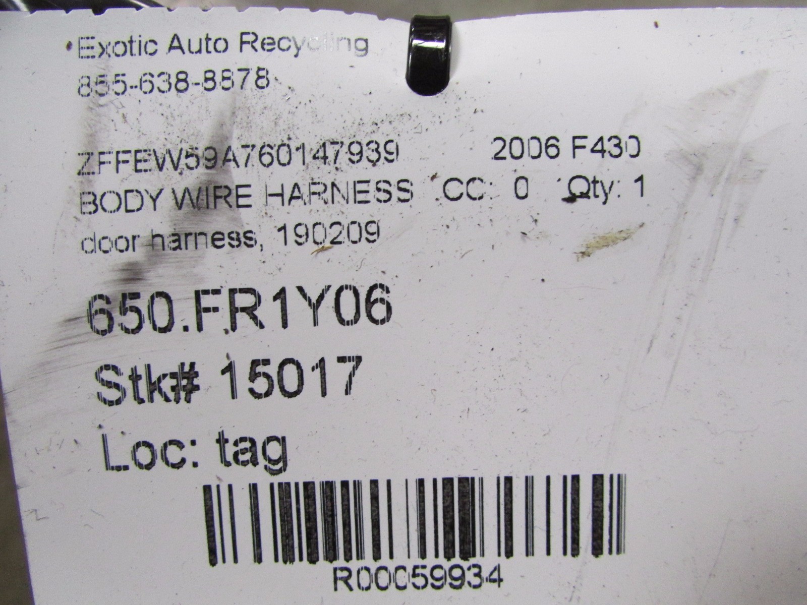 Ferrari F430, Door Wiring Harness, Used, P/N 190209