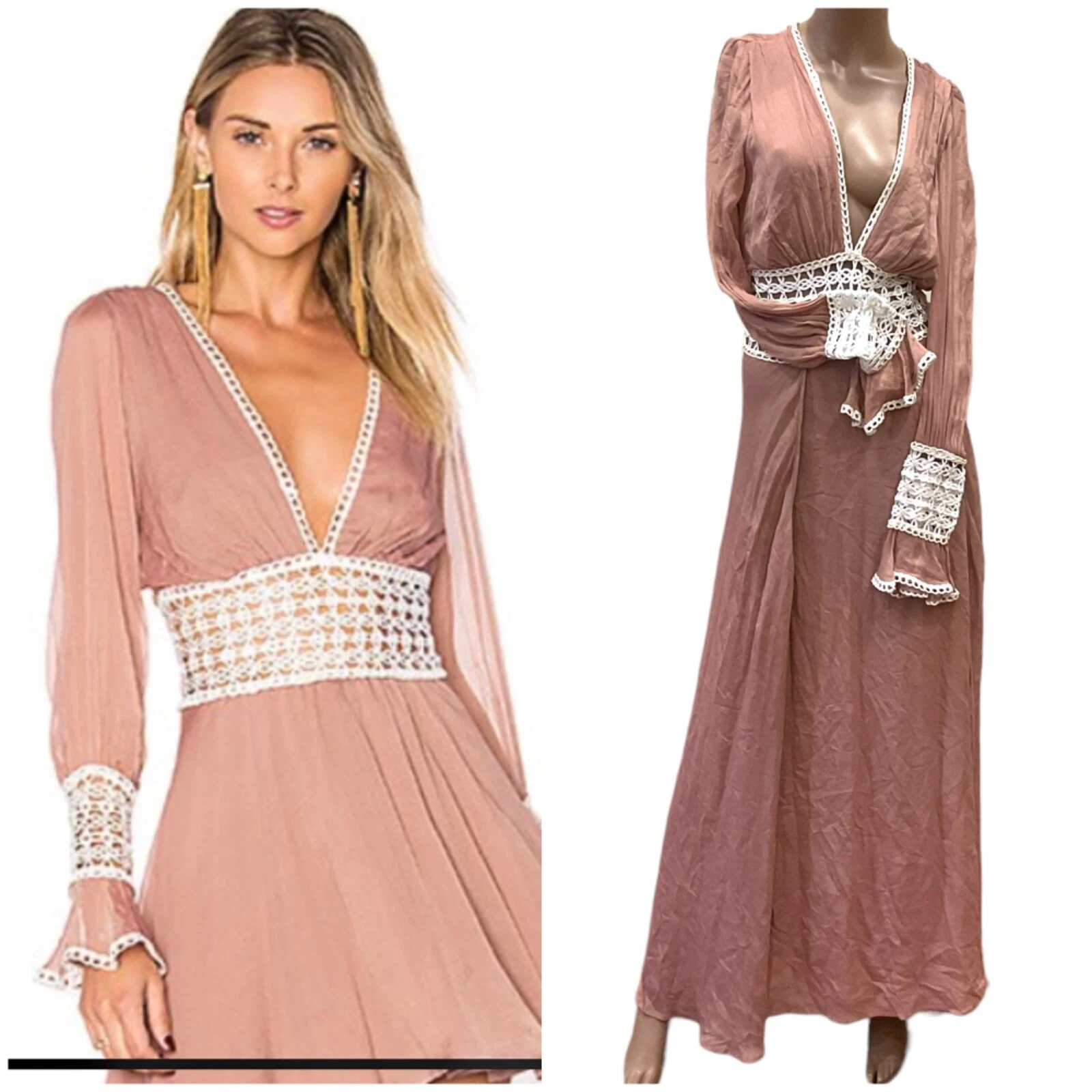 S $312 FOR LOVE & LEMONS Sabine maxi abito rosa polvere bianco dettaglio pizzo Celine