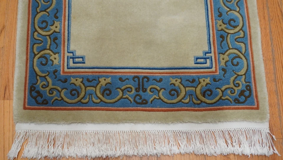 Art Deco Chinese Dragon 3' x 5'3" Hand Knotted Wool Olive Green Oriental Rug - Image 3 of 4