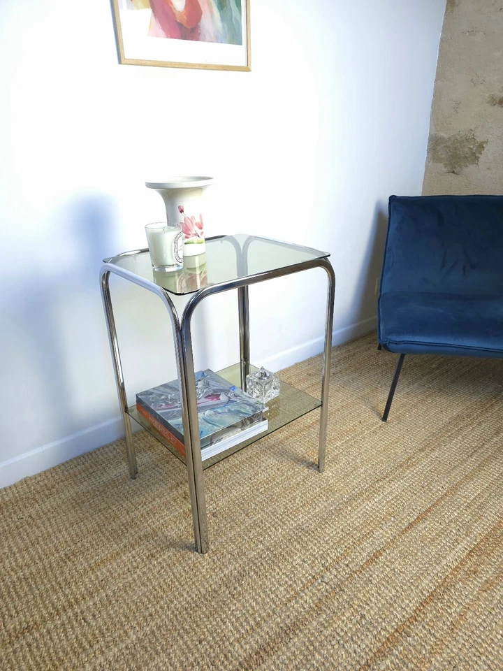 TABLE D’APPOINT VINTAGE CHROME VERRE FUMÉ 1970 DESIGN - Photo 3/4